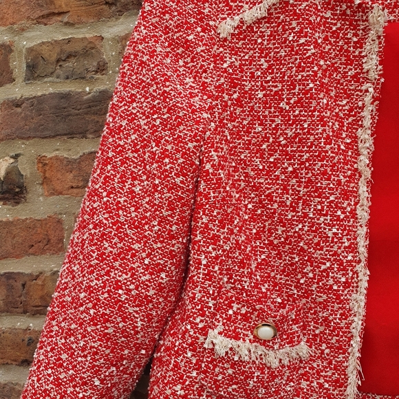 M&S Red Boucle Fringed Classic Jacket Uk12. - Picture 13 of 14